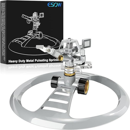 ESOW Metal Pulsating Sprinkler with Heavy Duty Metal Base, Garden Lawn Sprinkler 360 Degree Rotating with Adjustable Spray Pattern for Garden Lawn, Outdoor, Water Coverage up to 5,800 Sq.