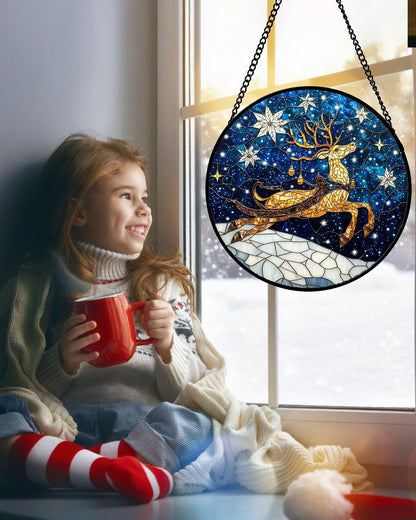 Stained Glass Window Hanging - Reindeer Blue Starry Sky Suncatcher for Doors Home Christmas Decoration Winter Sun Catcher Thanksgiving New Year Birthday Gifts for Women Men Mom Nana 9.8 in