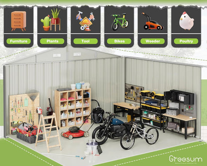 Greesum 10x8FT Outdoor Storage Shed, Utility Tool Shed Metal Storage Garden Shed with Door & Lock for Patio Storage, Brown