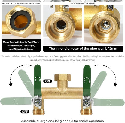 Garden Hose Splitter, 3/4” Rust and Freeze Resistant Outdoor Hose Manifold with 2 Green Extra Long Handles Faucet Adapter-Heavy Duty Brass 2-Way Valve