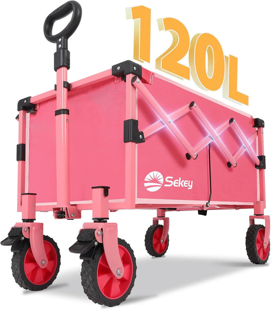 Wagon with Brakes, Foldable Cart with 220LBS Capacity, Utility Lightweight Wagon, Collapsible Grocery Shopping Cart for Camping Sports & Holiday.Pink