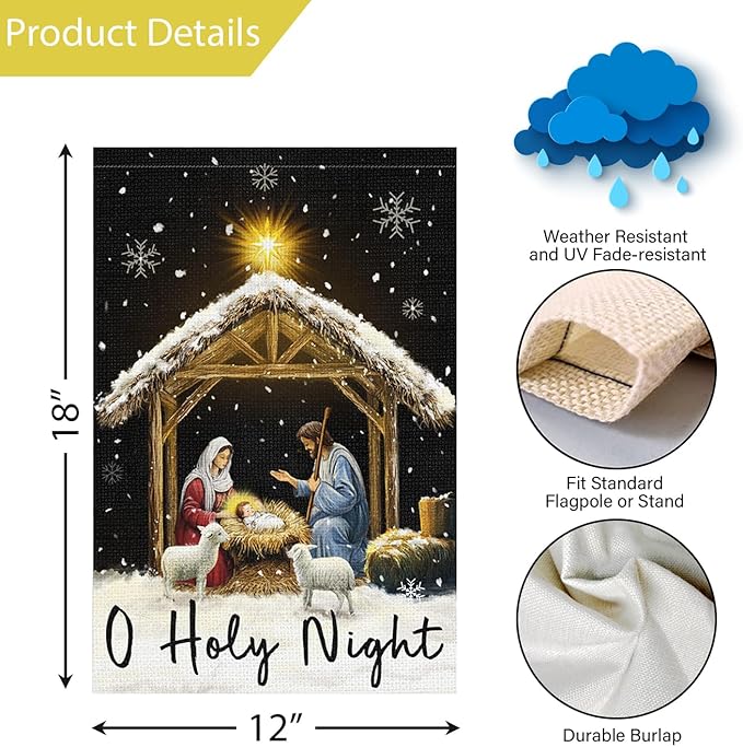 Louise Maelys Christmas O Holy Night Nativity Garden Flag 12x18 Inch Double Sided Xmas Small Burlap Welcome Winter Holiday Christian Yard Outdoor Outside House Decoration