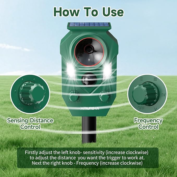 Solar Ultrasonic Animal Repellent Outdoor, Deer Repellent for Yard with RIP Sensor, IP65 Waterproof Squirrels Repeller, Effective Deterrent Cat, Raccoons, Skunks, Rabbits