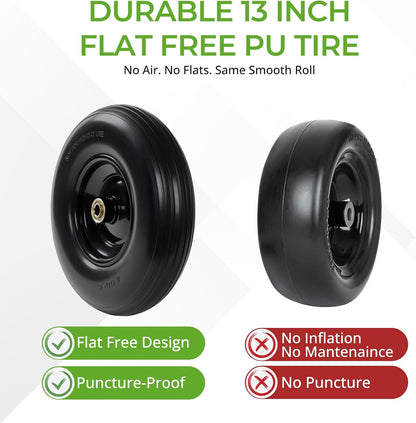 Backyard Expressions 13-Inch Flat-Free PU Tire 2-Pack – Solid PU Replacement Wheels with 5/8" & 3/4" Bearings, Spacer Kit & Steel Hubs for Wheelbarrows, Garden Carts, Wagons, Hand Trucks & More
