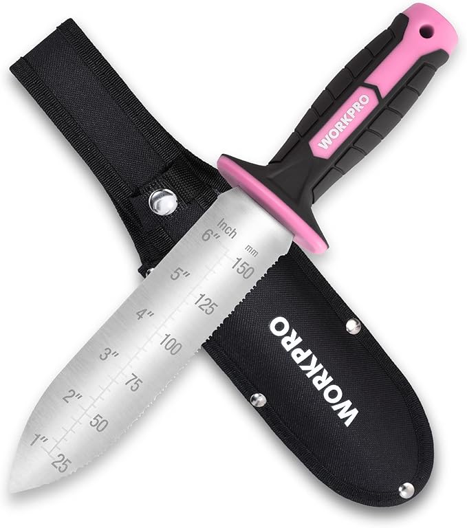 WORKPRO Hori Hori Garden Knife, 7" Stainless Steel Blade with Cutting Edge, Garden Tools with Oxford Sheath, Ergonomic TRP Handle with Hanging Hole for Weeding, Planting, Digging, Pink Ribbon
