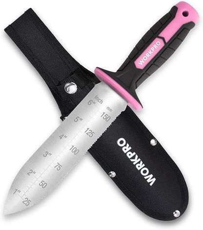 WORKPRO Hori Hori Garden Knife, 7" Stainless Steel Blade with Cutting Edge, Garden Tools with Oxford Sheath, Ergonomic TRP Handle with Hanging Hole for Weeding, Planting, Digging, Pink Ribbon
