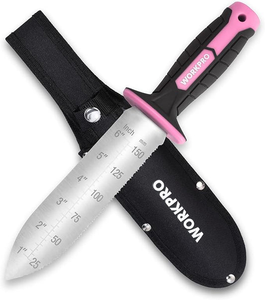 WORKPRO Hori Hori Garden Knife, 7" Stainless Steel Blade with Cutting Edge, Garden Tools with Oxford Sheath, Ergonomic TRP Handle with Hanging Hole for Weeding, Planting, Digging, Pink Ribbon
