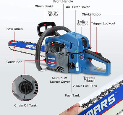 2-cycle 62CC Chainsaw Saw Gas Powered 20" Chain Saws Cordless Petrol Saw Handheld Chainsaw for Cutting Wood Trees Branches(6220G)