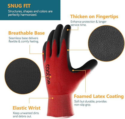 COOLJOB Gardening Gloves for Men, 2 Pairs Breathable Rubber Coated for Garden Weeding Landscaping, Outside Work for Lawn Yard, Men's Medium Size, Black & Red