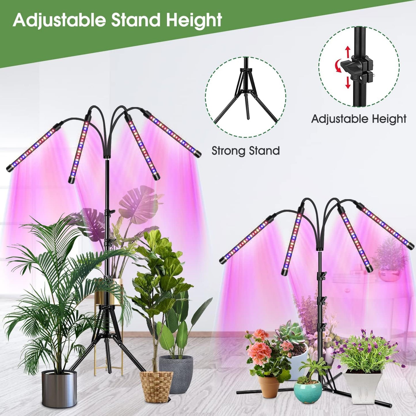 Wolezek Plant Light for Indoor Plants, 4-Head 80 LED Full Spectrum Grow Lights for Seed Starting with 15-61 inches Adjustable Tripod Stand, Red Blue Warm White Floor Grow Lamp with Auto 6/12/16H Timer