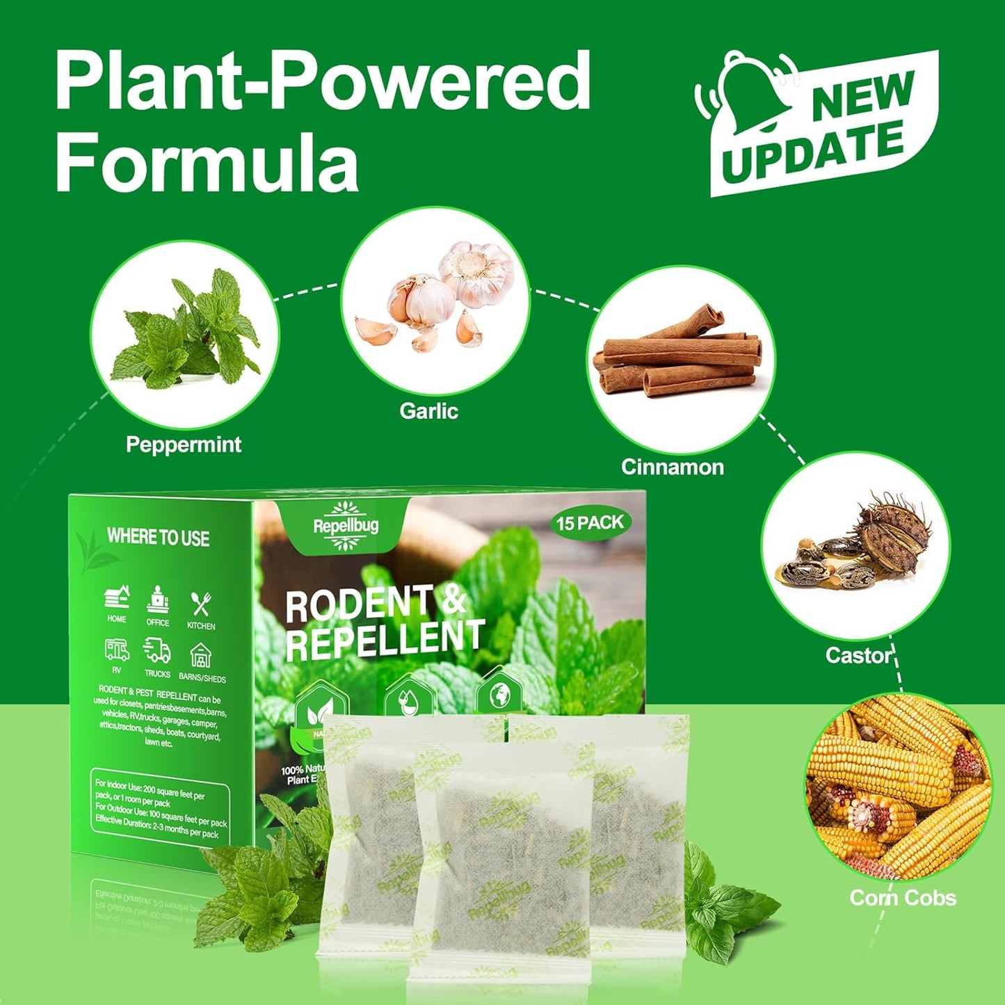 Pest Control Pouches, 15 Pack Peppermint Oil for Mice Rodent Rats Squirrel Pests Repellent Indoor Outdoor Use, Rodent Rat Mouse Deterrent Family Pet Safe Ideal for House Garage Warehouse (15 Pack)