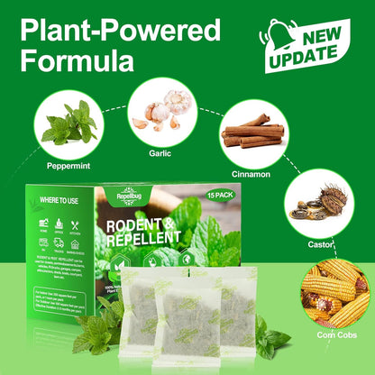 Pest Control Pouches, 15 Pack Peppermint Oil for Mice Rodent Rats Squirrel Pests Repellent Indoor Outdoor Use, Rodent Rat Mouse Deterrent Family Pet Safe Ideal for House Garage Warehouse (15 Pack)