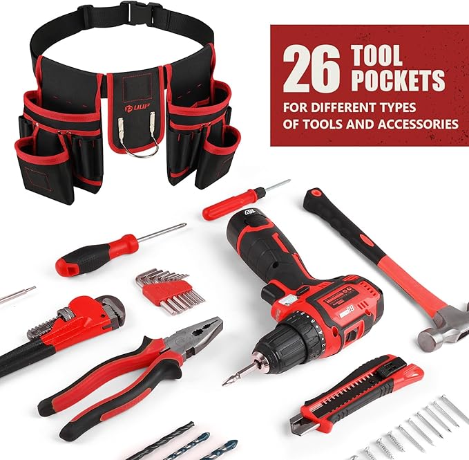 Magnetic Tool Belt for Men, 26 Pockets Heavy Duty Tool Pouch, Magnet Holster Nail Utility Toolbelt Detachable Adjustable Waist Holder for Handyman Contractor Mechanic Plumber Roofer Dad Gift -Red