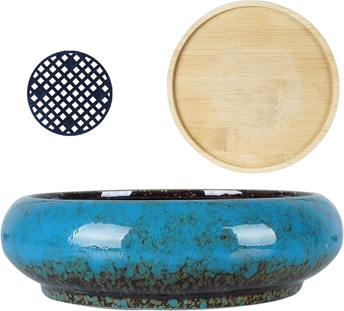 ARTKETTY Succulent Pots - 7.3 Inch Large Succulent Planters with Drainage Ceramic Bonsai Pots with Bamboo Tray, Shallow Planters for Indoor Cactus Plants Decorative Flower Plant Container