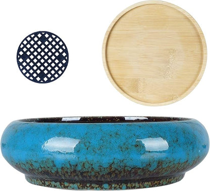 ARTKETTY Succulent Pots - 7.3 Inch Large Succulent Planters with Drainage Ceramic Bonsai Pots with Bamboo Tray, Shallow Planters for Indoor Cactus Plants Decorative Flower Plant Container