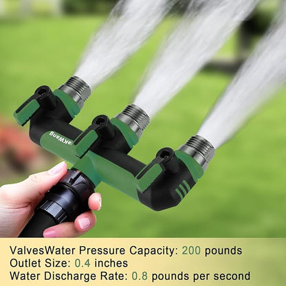 Full Flow Heavy Duty 3 Way Hose Splitter, Rugged Garden Faucet Adapter, Spout Diverter T - Way Adapter with Extended Handle, 3/4” GHT Thread, Green