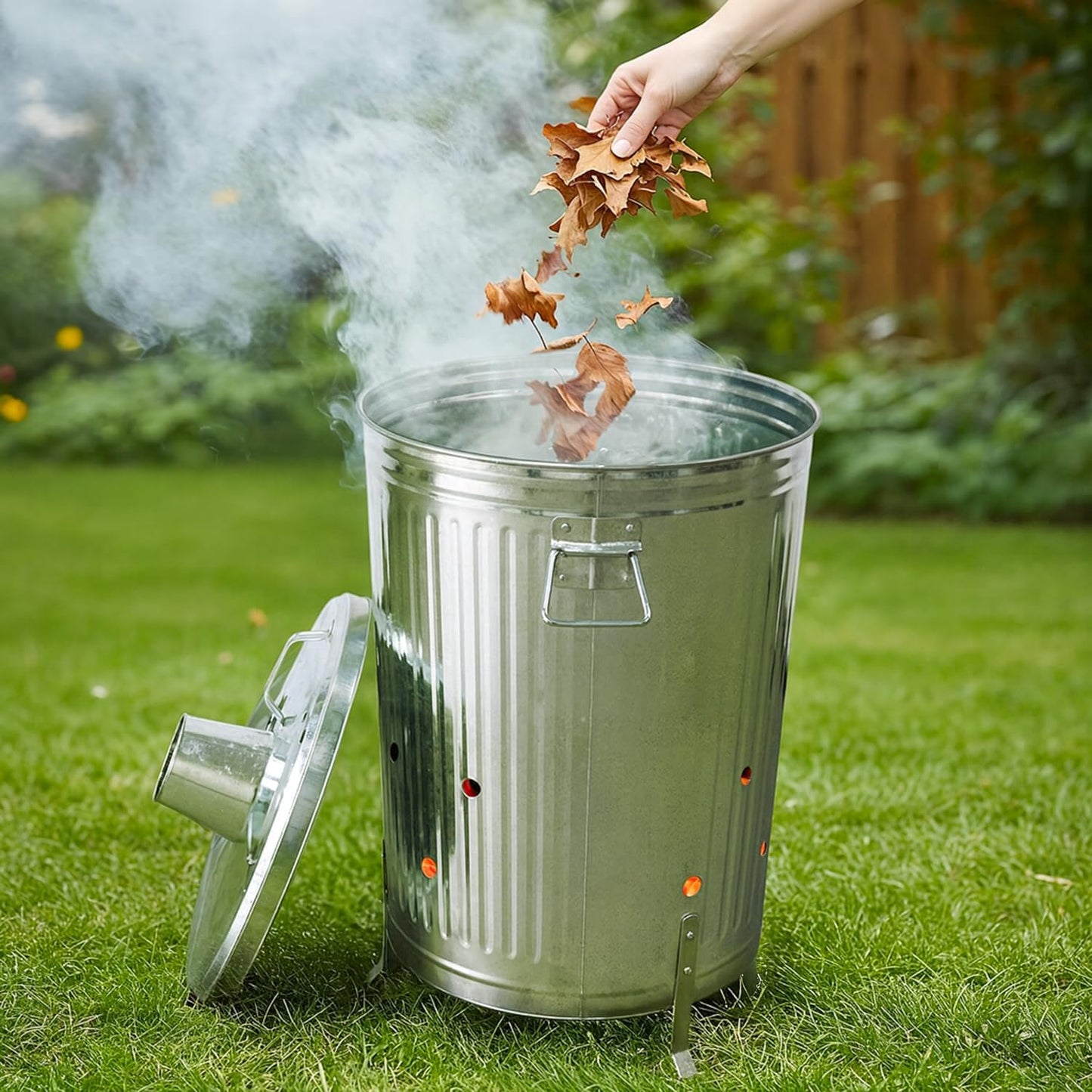 Plexon Metal Compost Bin Outdoor Burn Bin - Galvanized Trash Can with Lid Chimney and Vent Holes - Trash Burning Container Composter Incinerator for Garbage, 20 Gallon (Chimney Lid and Vent Holes)