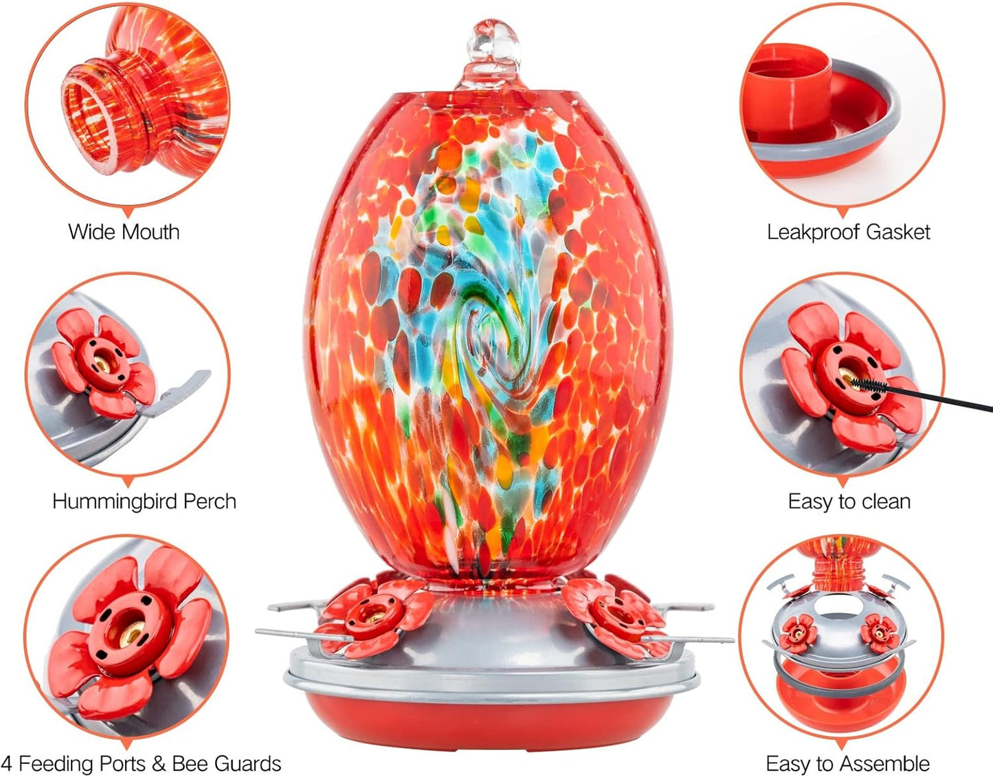 Muse Garden Glass Humming Bird Feeders for Outdoors - 27OZ Blown Glass Hummingbird Feeder - Unique Gift for Mom Women Grandparents, Outdoors Hanging Garden Decor, Includes Ant Moat & Brush, Red Swirl