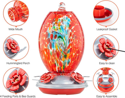 Muse Garden Glass Humming Bird Feeders for Outdoors - 27OZ Blown Glass Hummingbird Feeder - Unique Gift for Mom Women Grandparents, Outdoors Hanging Garden Decor, Includes Ant Moat & Brush, Red Swirl
