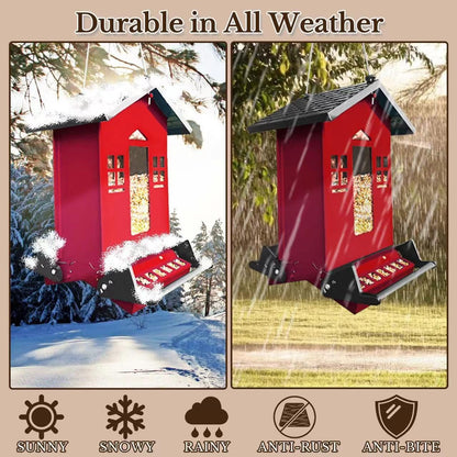 Squirrel Proof Bird Feeder, Red Metal Bird Seed Feeder for Outdoors Hanging Chew-Proof, 6lbs Large Seed Capacity for Cardinal, Finch, Sparrow, Blue Jay, Swallow