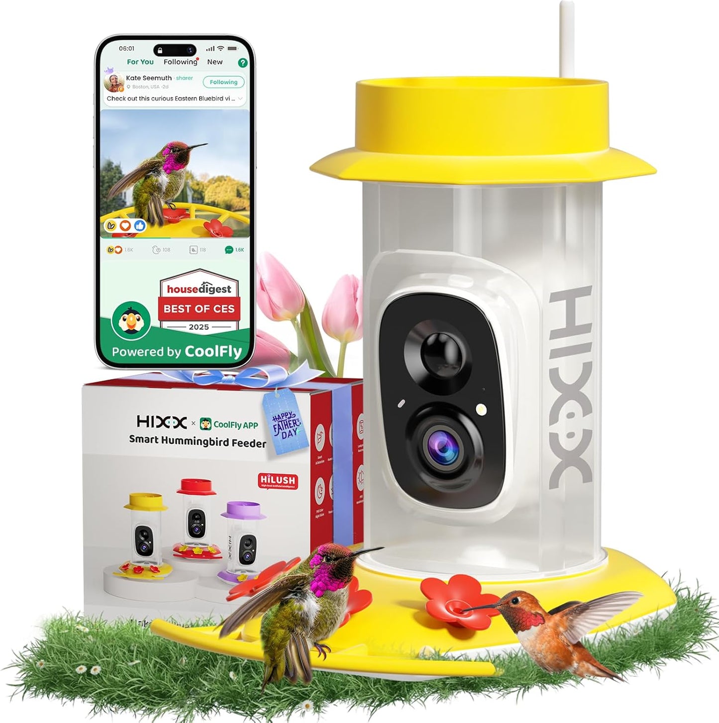 HIXX Smart Hummingbird Feeder with Camera Solar Powered, with Ant Moat & Bee Proof AI Bird Recognition, Easy Clean & Refill, with Coolfly Birdwatching APP, Ideal Gifts for Hummingbird Lover (Pink)