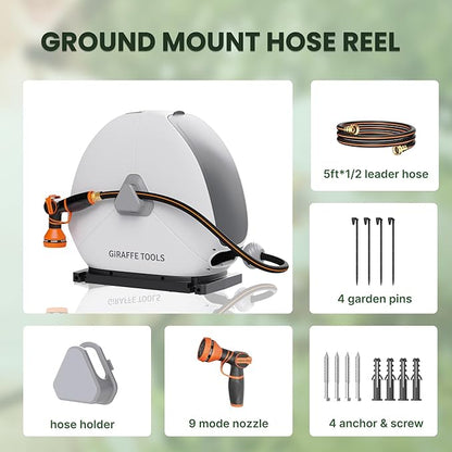 Giraffe Tools Ground Mounted Retractable Hose Reel 1/2 Inch x 82FT, Heavy Duty Automatic Rewind Garden Hose Reel, with Flexible Swivel Base for Lawn, Concrete Floor