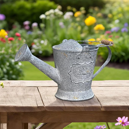 Vintage Metal Watering Can with Wooden Handle, Watering Can for Indoor/Outdoor Plants, Shabby Chic Decor for Home Balcony Courtyard Garden