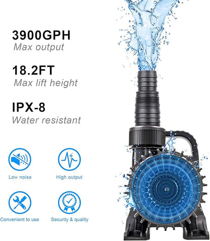 OYO WATER Outdoor Large 3900gph-230W 32.8FT Pond Water-fall & Kio Fish Fountain-s &Garden Pump Submersible IPX8: Long 32.8FT Cord Smart-er & Quieter Duck & Yard &Patio Ponds Pumps, 1 Barrier Pump Bag