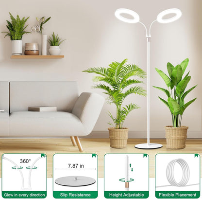 LBW Dual-Head Full Spectrum Grow Light with Stand – Adjustable Height (48.8-64.6"), Auto Cycle Timer (4/8/12H), 4 Brightness Levels, for Large Indoor Plants (White)