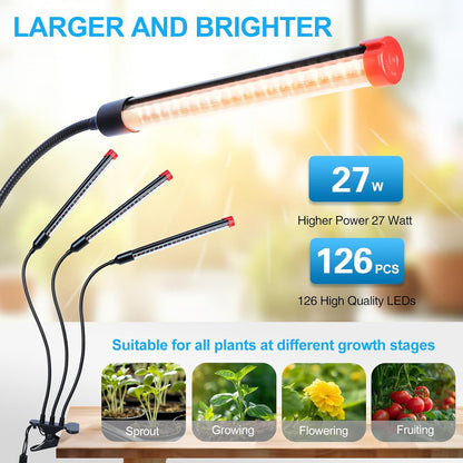 Clip Grow Light for Seed Starting with Timer, 27W Grow Lights for Indoor Plants Full Spectrum, 2025 Brightest LED Plant Grow Light for Houseplants, Bonsai, Pot Plants, Seedlings