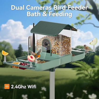 Dual-Lens Bird Feeder with Camera & Bird Bath Combo, Watch Birds Eat & Bathe with WiFi 2K HD Video, Auto Record, AI Recognition, APP Alerts, Solar Powered, for Backyard Garden Porch Fence Decor