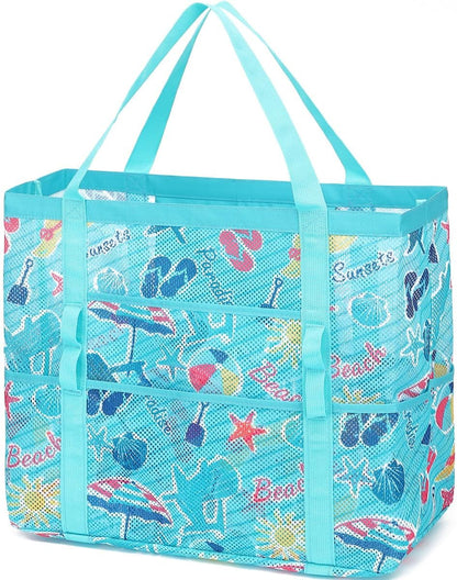 Mesh Beach Bag, Large Beach Tote with Zipper Pocket for Family Pool Bag for Toys & Vacation Essentials