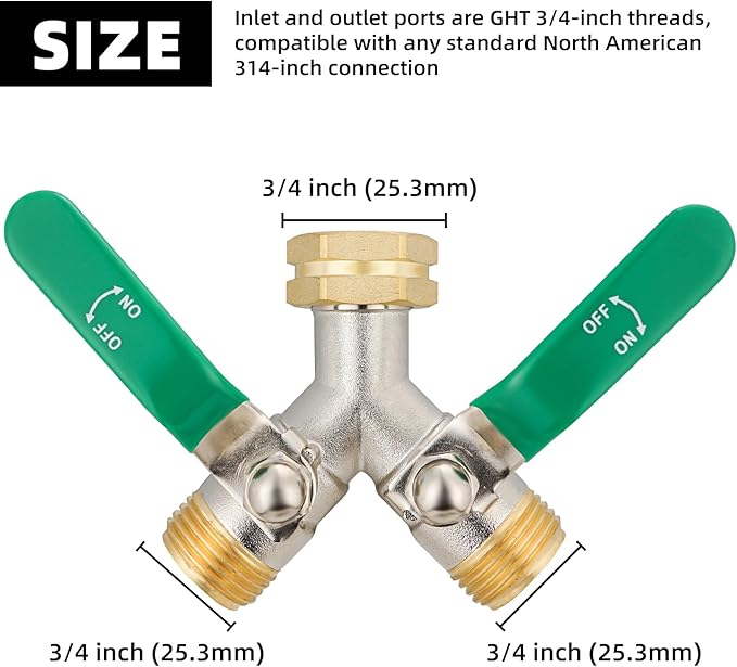 Hose Splitter 2 Way, Brass High Flow Garden Hose Splitter Heavy Duty, Hose Connector, Water Spigot Splitter, Full Flow Faucet Splitters with shutoff, 3/4” GHT Inlet