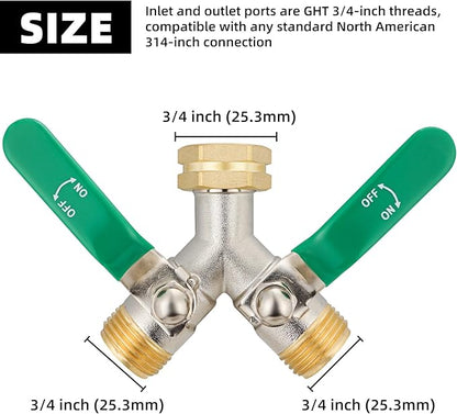 Hose Splitter 2 Way, Brass High Flow Garden Hose Splitter Heavy Duty, Hose Connector, Water Spigot Splitter, Full Flow Faucet Splitters with shutoff, 3/4” GHT Inlet