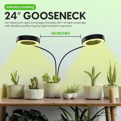 OSANI 24" Gooseneck Long Arm Grow Light, 48" Wide Coverage, 6000K Full Spectrum LED Grow Lights for Indoor Plants with Red Blue LEDs, 10-Level Dimmable, Auto Timer, USB & Adapter, Grow Lights Indoor