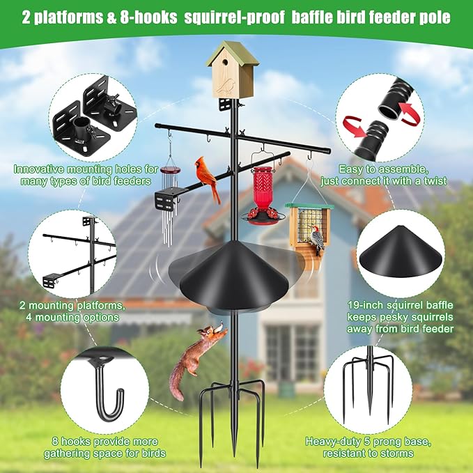 Gtongoko Squirrel Proof Smart Bird Feeder Pole for Outdoors 107 Inch 1 Inch Diameter Bluebird House Pole with 2 Platform and 8 Hooks for Bird Feeder with Camera Adjustable Heavy Duty Mounting Pole
