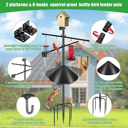 Gtongoko Squirrel Proof Smart Bird Feeder Pole for Outdoors 107 Inch 1 Inch Diameter Bluebird House Pole with 2 Platform and 8 Hooks for Bird Feeder with Camera Adjustable Heavy Duty Mounting Pole