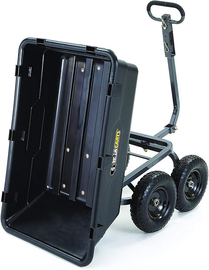 Gorilla Carts Heavy-Duty Poly Yard Dump Cart, 6 Cu Ft Tub, 1200 lb Haul Capacity, Black – Towable Utility Wagon with Quick-Release Dumping & Pneumatic Tires for Landscaping and Gardening