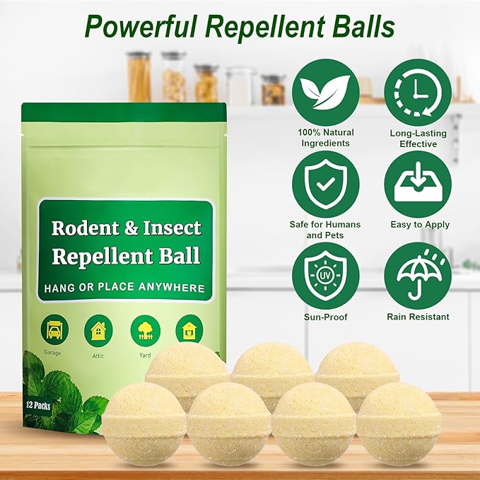 Rodent and Insect Repellent Balls, Rats and Squirrel Repellent for Indoor and Outdoor, Peppermint to Repel Rats and Mice, Mouse and Rodent Deterrent for House, Garden, 12 Packs
