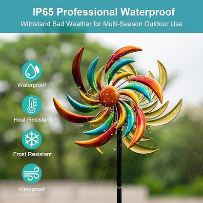 360° Wind Spinners Outdoor with Solar Lights Colored Leaves Garden Decor Yard Lawn Art Decor for Patio Kinetic Windmills Unique Gifts for Friends and Family 60.63'' H x 13.38'' Dia