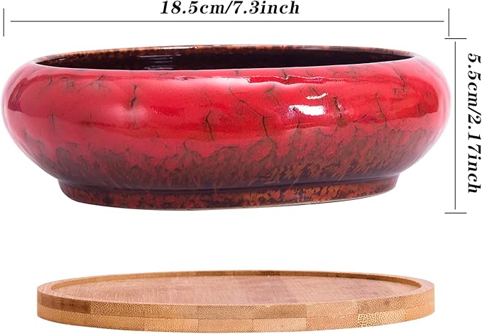 ARTKETTY Succulent Pots - 7.3 Inch Large Succulent Planters with Drainage Ceramic Bonsai Pots with Bamboo Tray, Shallow Planters for Indoor Cactus Plants Decorative Flower Plant Container