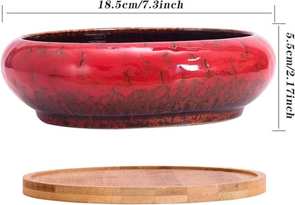 ARTKETTY Succulent Pots - 7.3 Inch Large Succulent Planters with Drainage Ceramic Bonsai Pots with Bamboo Tray, Shallow Planters for Indoor Cactus Plants Decorative Flower Plant Container