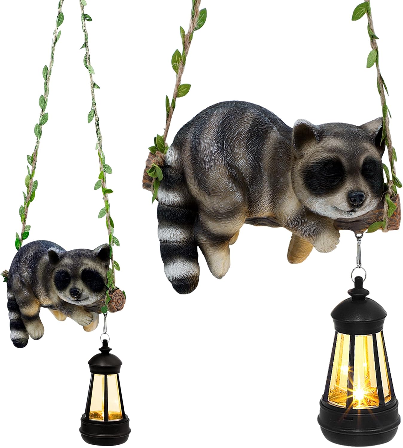 Solar Lighted Garden Outdoor Statue, 20.1" H Hanging Swing Lying with A Sleeping Raccoon and A LED Lantern, Resin Animal Figurine Hanging Ornaments with Hook for Decoration & Gift