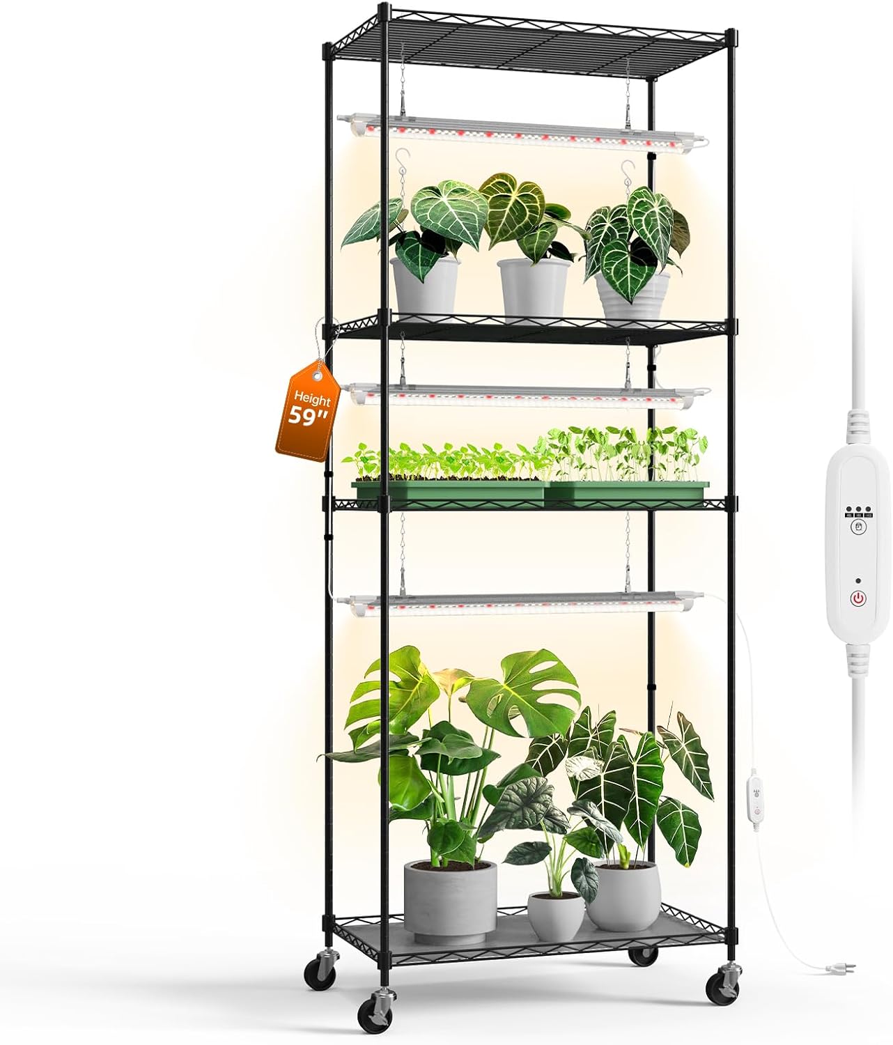 Bstrip Plant Shelf with Grow Light with Timer, Plant Stand with Adjustable Rack and Wheels, 3 Pack 72W T8 2FT Full Spectrum Grow Lights for Indoor Plants, Seed Starting, Seed Tray, 23.5"x13.8"x59"