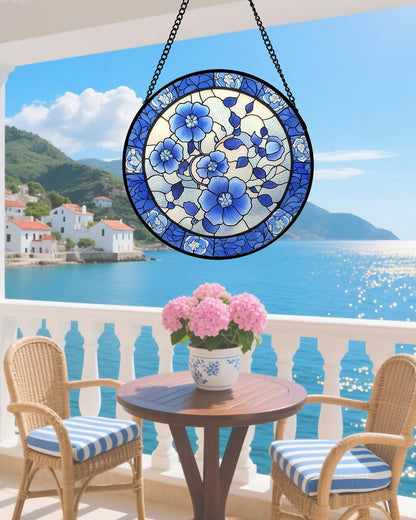 Stained Glass Window Hanging, Blue and White Plum Blossom Sun Catcher for Door Home Decor Flowers Suncatcher Christmas Mother's Day Birthday Gifts for Women Men Mom and Nana 7.8 in