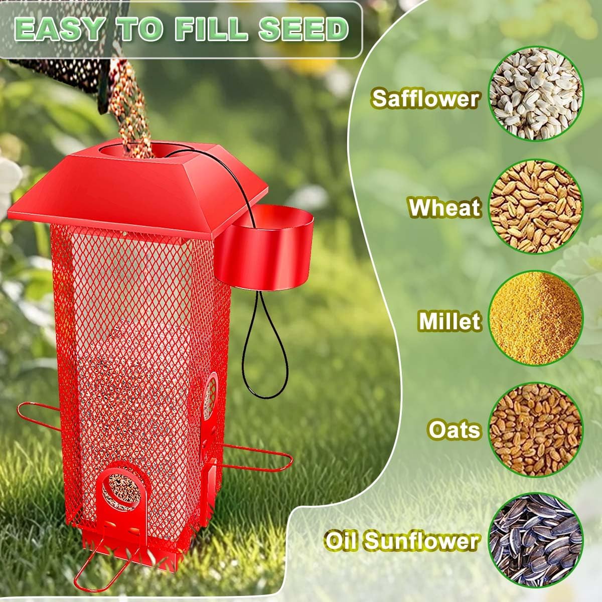 Squirrel Proof Bird Feeder, 2.5LB Metal Wild Bird Feeder with Weight-Activated Spring, Heavy-Duty Outdoor Hanging Birdfeeders for Cardinals, Blue Jays, Finches (Red)