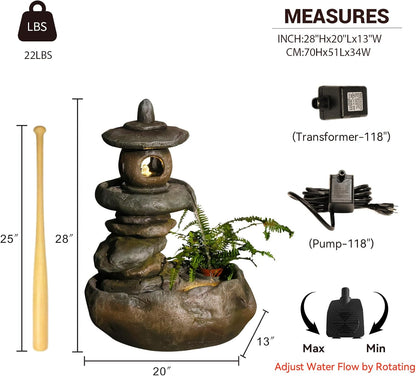 28" H Imitation Rock Pagoda Design Outdoor&Indoor Cascading Water Fountain, Natural Zen Decor Waterfall with LED Lights - Suitable for Garden/Patio/Yard/Deck/Balcony and Home Art Decor （Resin）