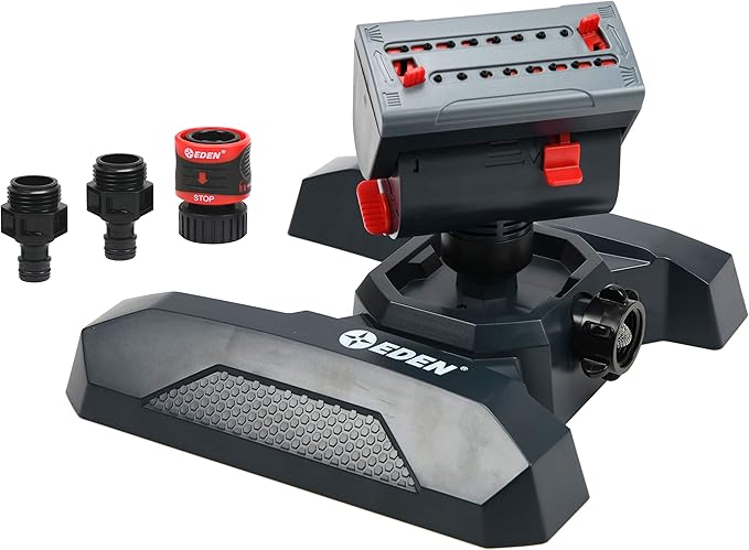 Eden 94125 Adjustable 4-Way Mini Turbo Oscillating Sprinkler W/Quick Connect Starter Set, 16 Nozzle, Covers up to 4,069 sq. ft. Heavy Weight Base