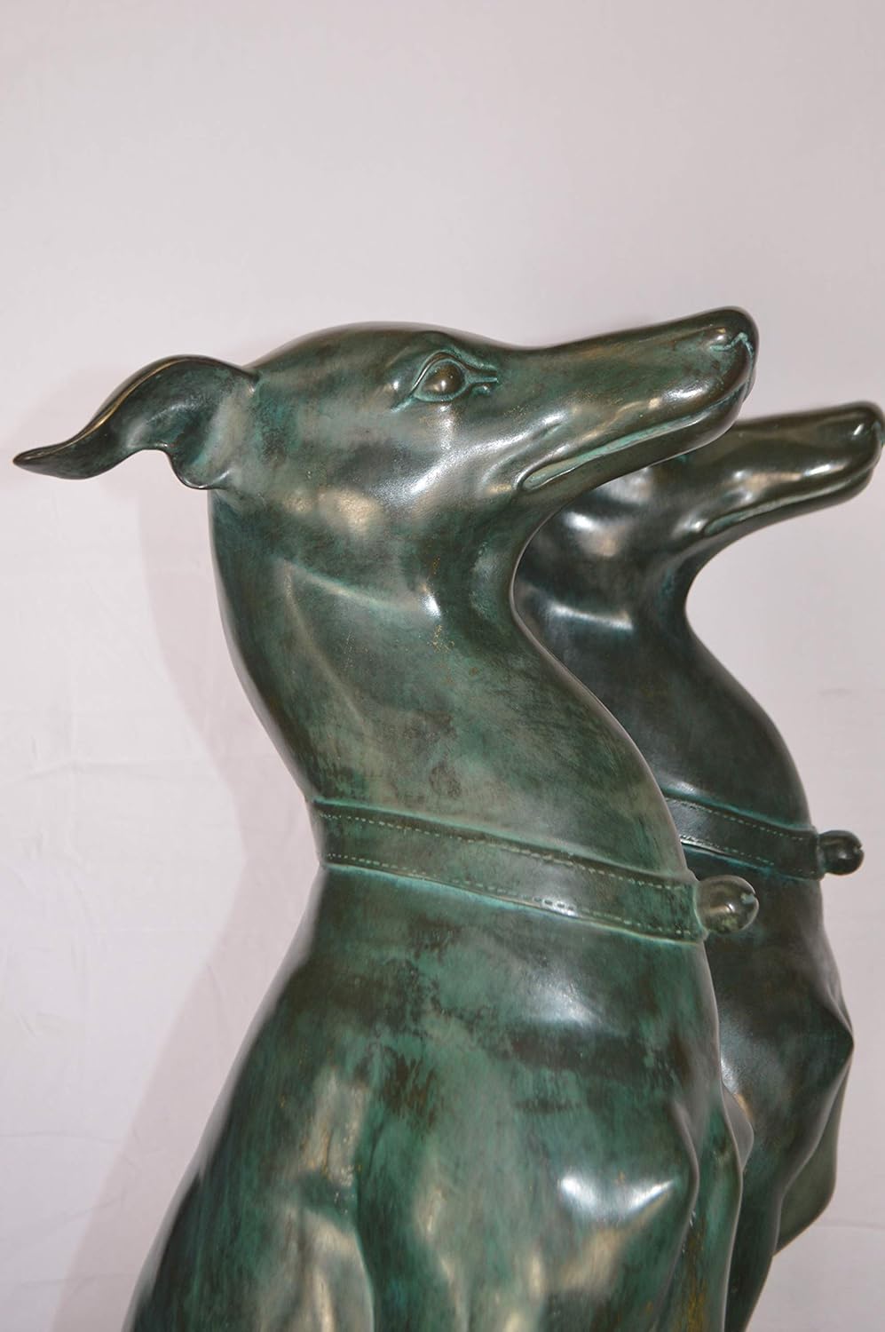 NIFAO Pair of Greyhound Dogs Sitting Bronze Statue – Life-Size Hand-Cast Sculpture with Green & Brown Patina – Museum-Quality Decorative Art for Home, Garden, 12" L x 12" W x 35" H