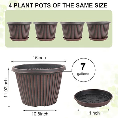Large-Planter-Indoor-Outdoor Plant Pots, 16 inch 4 Pack Plastic Flower Pots with Saucer And Drainage Holes, Modern Garden Planters For Planting Medium Large Plants， Decorative Resin Garden Pots